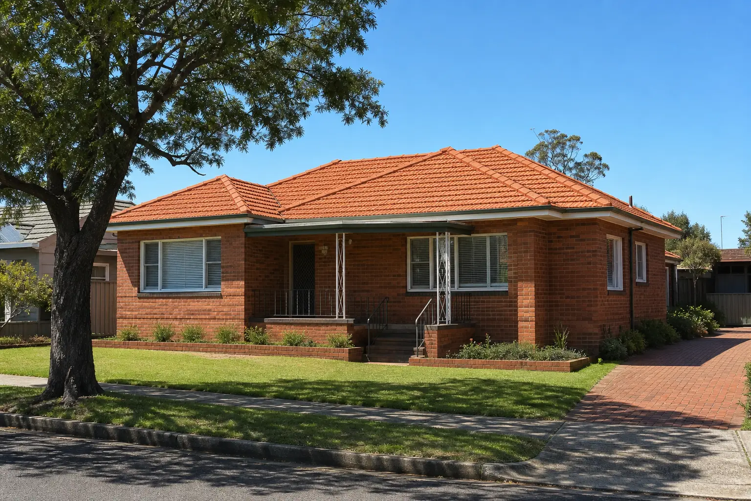 Illustration: post-war brick home with a terracotta tile roof and a mature street tree