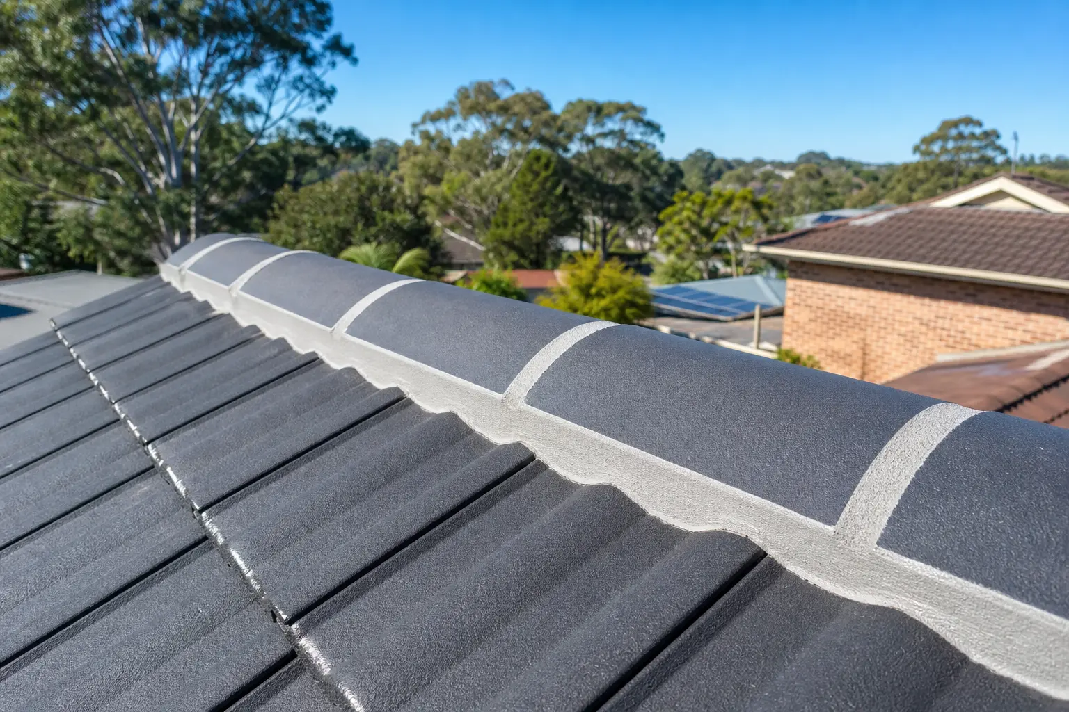Illustration: repointed ridge capping on a freshly coated charcoal tile roof